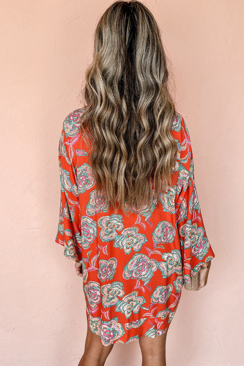 Floral Print Lapel Collar Loose Shirt Mini Dress